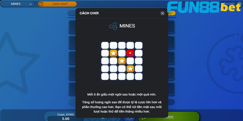 Hướng dẫn các bước cá cược trong trò chơi Mines Fun88